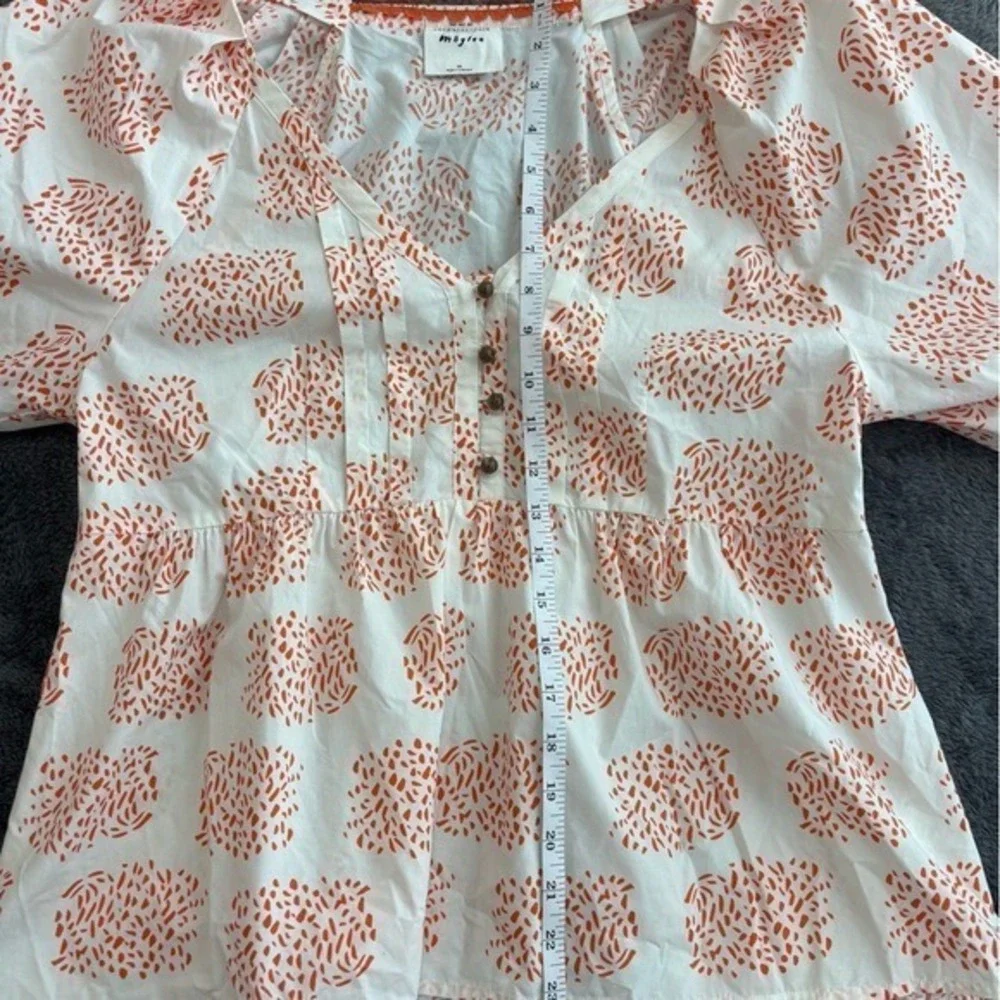 Anthropologie Moglea Orange White Abstract Print‎ Puff Sleeve Babydoll Top XS